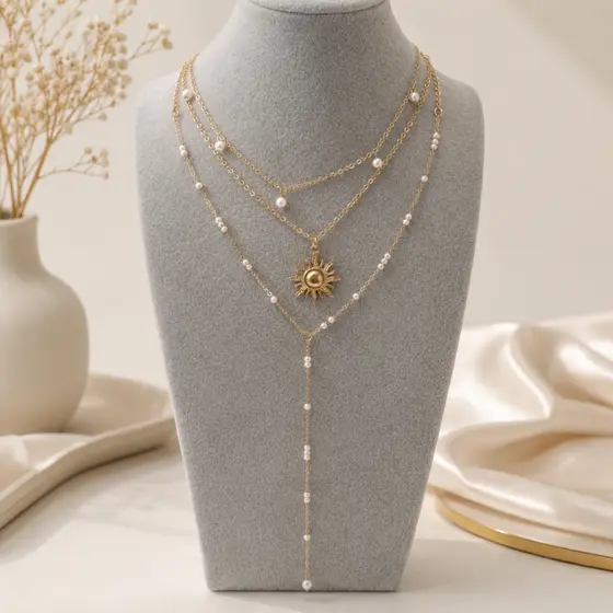Colar Feminino Longo Y com Sol e Pérolas Banhado a Ouro/Prata P925 Ajustável Elegante Delicado