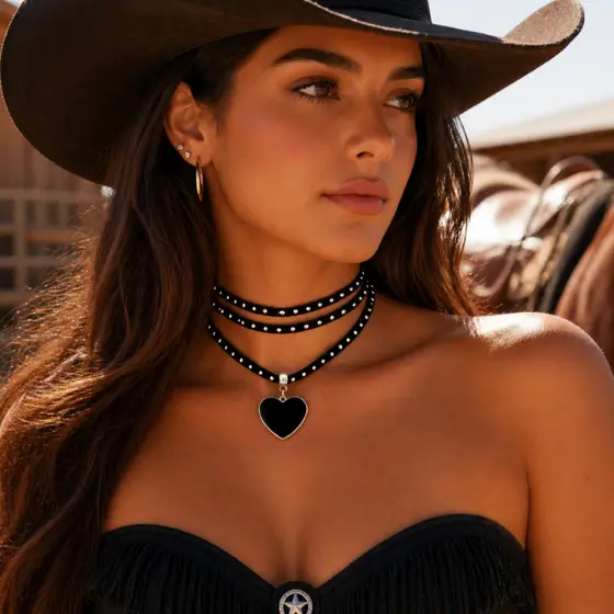 Colar Feminino Duplo Choker Coração Preto com Tachas Estilo Punk Gótico Ajustável Dourado/Prata