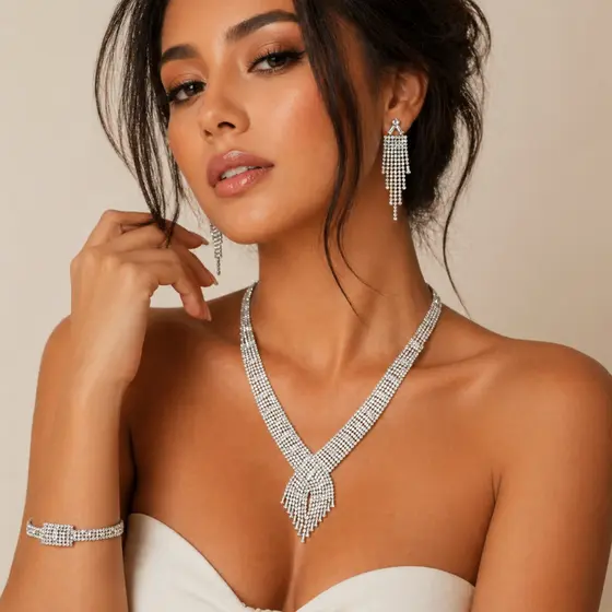 Conjunto de Joias Feminino Zircônia Luxo Colar Brinco Pulseira Estilo Noiva Festa Casamento Elegante