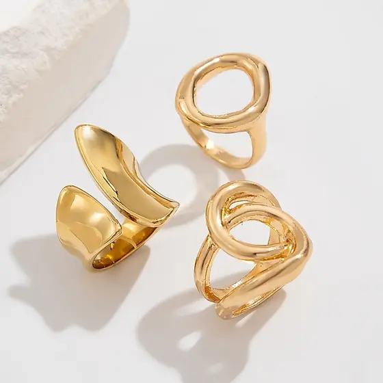 Kit 3 Anéis Femininos Ajustáveis Banhado a Ouro e Prata Design Geométrico Vintage Luxo