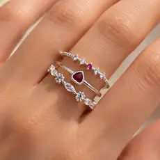 Kit 3 Anéis Femininos Ajustáveis com Zircônia e Coração Vermelho Banhado a Prata/Ouro/Ouro Rosé/Grafite Fashion Elegante