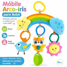 Móbile Bebê Arco-Íris Fofo Macio Sensorial Chocalho Mordedor para Carrinho Berço Bebê Conforto