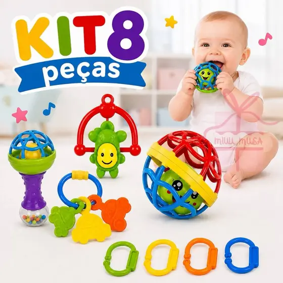 KIT Brinquedo Bebe Chocalho Mordedor Silicone Macio Bola Colorida Presente Para Menina e Menino