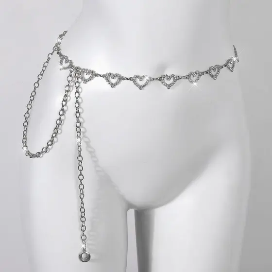 Cinto feminino corrente de festa coração de metal brilhante com diamantes