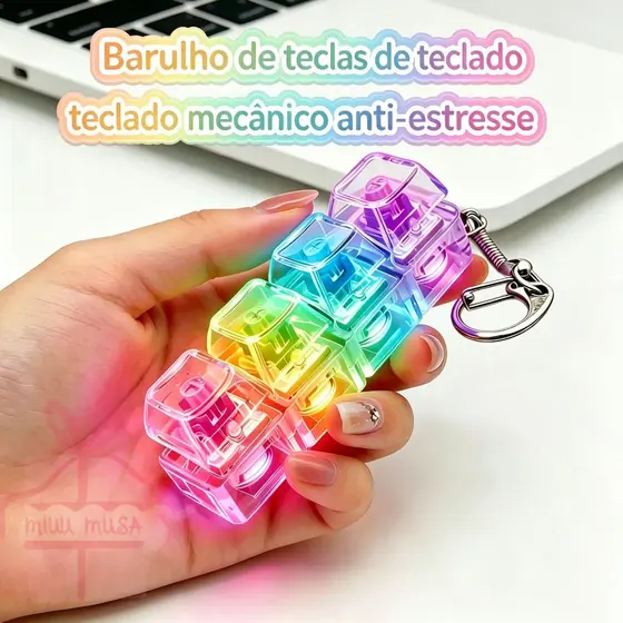 Chaveiro Anti-Stress Teclado Mecânico 4 Teclas com Som - Alívio de Ansiedade, Ideal para Escritório e Estudos