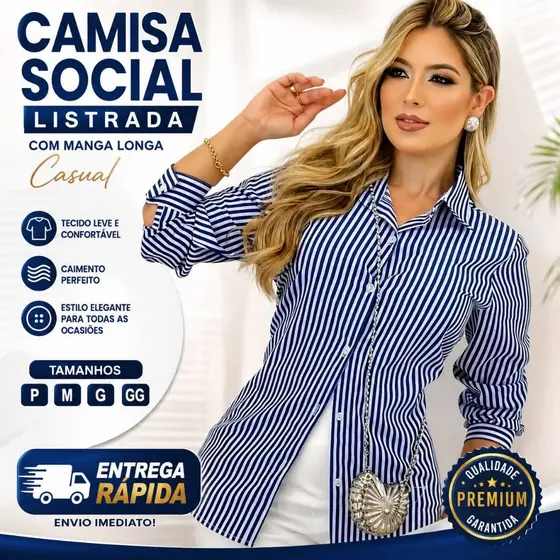 CAMISA SOCIAL FEMININA COM MANGA LONGA LISTRADA TENDENCIA ELEGANTE ENTREGA RAPIDA
