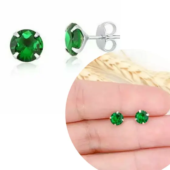 Brinco Zircônia Redondo Verde 6MM Prata 925