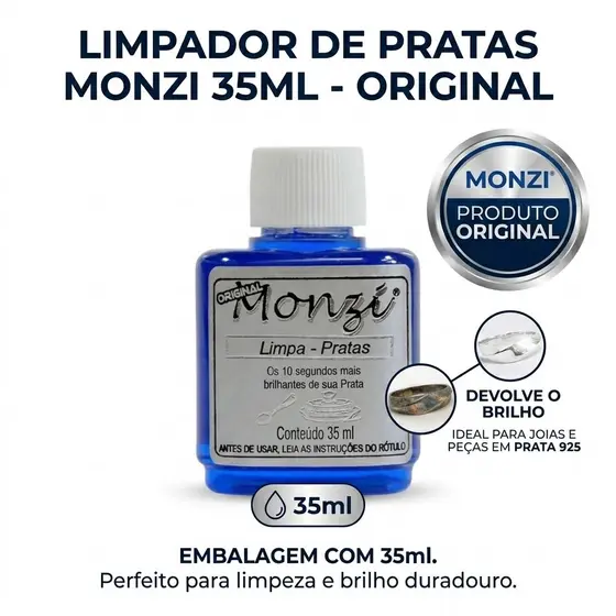 Limpa Pratas Monzi Original 35ml Líquido Para Prata 925