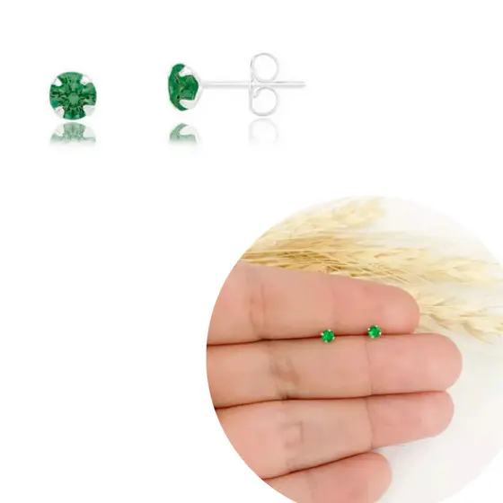Brinco Pedra Verde Ponto de Luz Prata 925 3mm