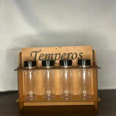 Porta Temperos / Condimentos em MDF para bancada ou pendurar na parede kit 4 potes de plástico c/ Tampa Dosadora