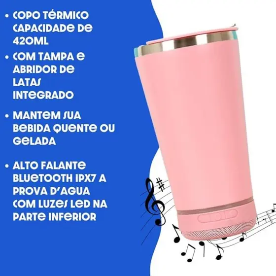 Normal Bluetooth - Copo Térmico Som Led e TAMPA com ABRIDOR (420 ml) - Rosa