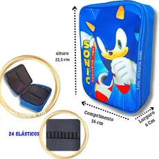 Estojo Escolar Box Sonic Com Organizador 24 Elasticos Grande Espaçoso