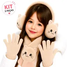 Kit Inverno Infantil 3 Peças Gato Pelúcia Cachecol Luvas Protetor de Orelha Menina