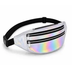 Pochete Holográfica Feminina Metalizada Neon 3 Zíperes Bolsa Cintura Transversal Ajustável