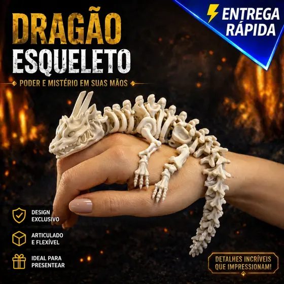 Esqueleto Dragão Articulado I flexível Decoração Colecionável Gabinete Gamer Aquário Colecionável