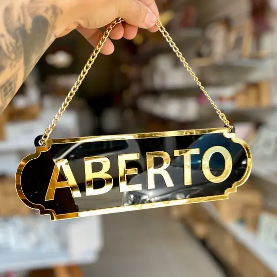 PLACA ABERTO E FECHADO EM ACRILICO ESPELHADO COM VENTOSA