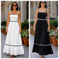 Vestido Longo Preto Feminino Tecido Viscolino | Alça Regulável | Costas com Lastex Elegante Verão