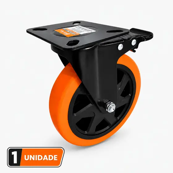Roda Rodinha Rodízio PVC Laranja 6 Pol 150mm Giratório Com Freio Trava 150kg Carga Móveis Carrinho Reposição Ajax