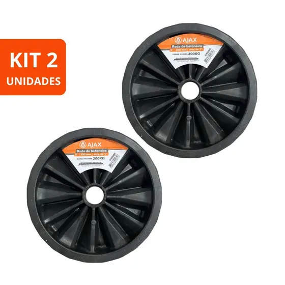 Kit 2 Rodas Betoneira Maciças 8 Pol Eixo 1 Pol Plástico Reforçado 200kg Cada Não Fura 150L 200L Obra Reposição Ajax