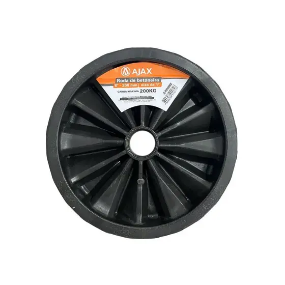 Roda Betoneira Maciça 8 Pol 200mm Eixo 1 Pol Plástico Reforçado 200kg Não Fura 150L 200L Obra Carrinho Carga Ajax