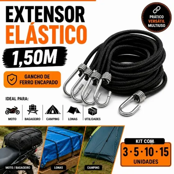 Extensor Elástico 1,50m para Moto Bagageiro com Gancho de Ferro Encapado – Kit 3/5/10/15 Unidades