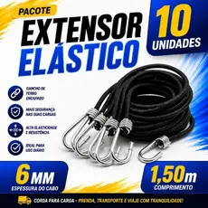 Extensor Elástico Reforçado 6mm 1,5m Kit Corda Elástica com Ganchos para Cargas Moto Bicicleta
