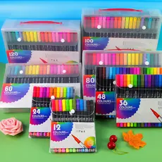 Kit 12/24/36/48/60 Canetas 2 em 1 Brush e Ponta Fina p/ Lettering, Desenho e Colorir Dual Pen