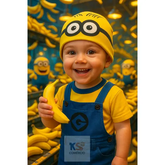 Fantasia Conjunto Infantil Minions Completa – Macacão + Camiseta + Toquinha – Pronta Entrega