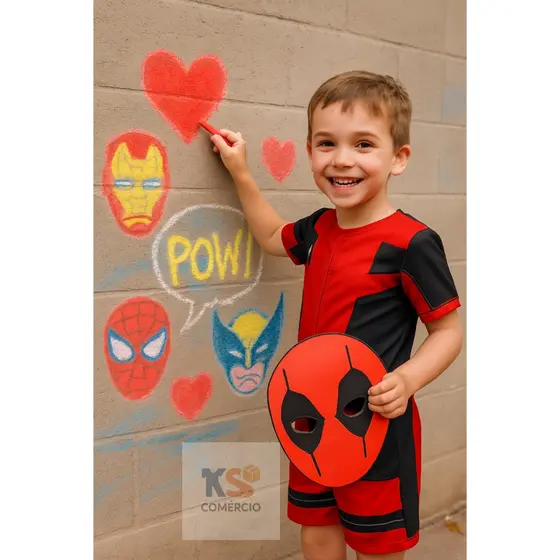Fantasia Deadpool Infantil – Macacão Curto + Máscara EVA – Pronta Entrega Aniversário Carnaval