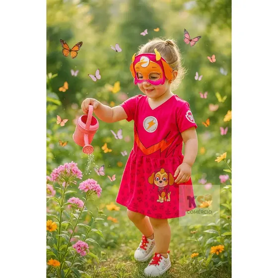 Fantasia Skye Patrulha Canina Infantil – Vestido e Máscara 2 a 10 Anos – Pronta Entrega