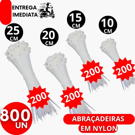 Kit 800 Abraçadeira Enforca Gato De Nylon 10cm - 15cm - 20cm - 25cm Branca Uso Geral