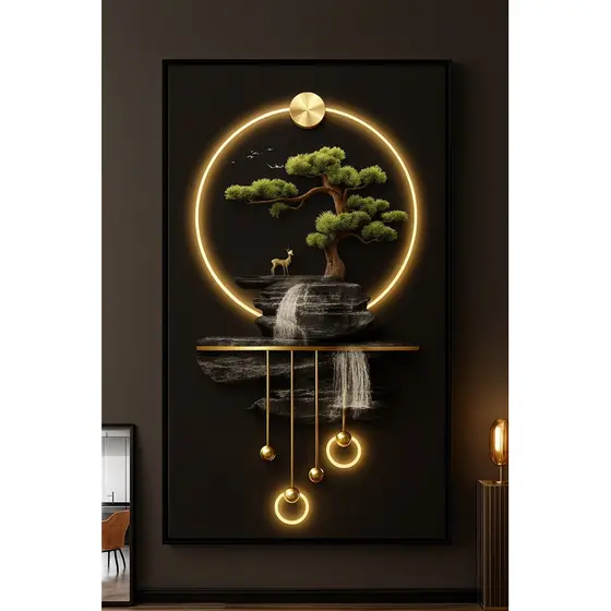 Quadro Decorativo Moderno Efeito 3D Árvore, Cachoeira e Círculo Dourado Sala Quarto Hall