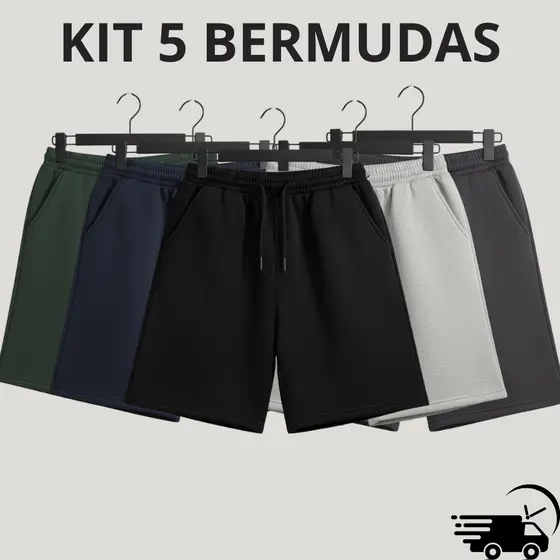 KIT 5 Bermuda de Moletom Com Elástico Academia Masculina Shorts Bolsos Fundos