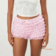 Shorts de Verão Femininos com Babados, Shorts de Malha em Camadas, Bloomers Fofos VZI3 HH88