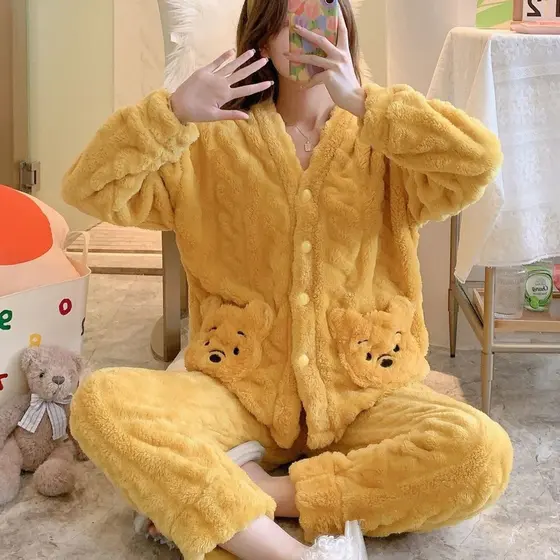 Pijama feminino de lã coral para outono e inverno, com estampa de urso fofo, conjunto de lã grossa, adequado para você M