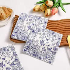 20 Peças de Guardanapos Descartáveis de Tecido com Estampa de Porcelana Azul e Branca para Hotéis, Restaurantes e Evento