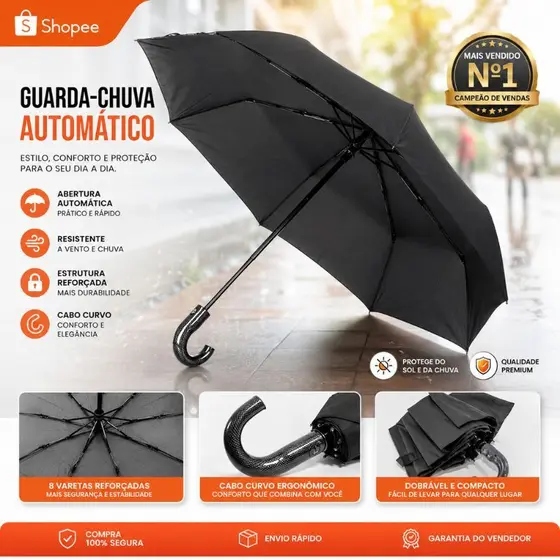 Guarda Chuva Angel Preto Reforçado Abre Automático Tecido Drop Dry Anti-Vento Sombrinha Sol Casual