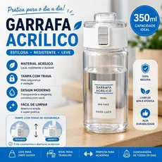 Garrafa Minimalista Acrílico 350ml BPA Free Com Filtro Alça Tampa Segurança Escritório Academia