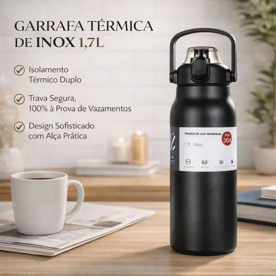 Garrafa Térmica Inox 1700ml Premium | Aço Inoxidável 316 | Tampa One Touch | Alta Performance