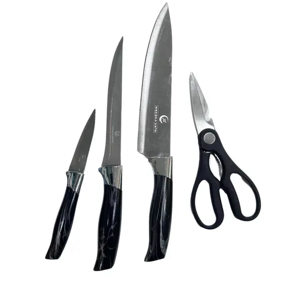 Kit 4 Peças Conjunto de Cozinha Facas Com Tesoura Descascador e Utensilios Pra Churrasco