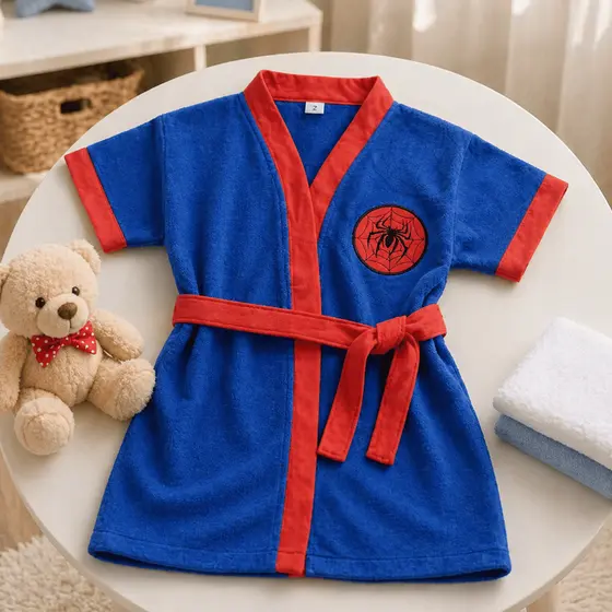 Roupao Infantil Aranha Atoalhado Poliester Com Faixa Ajustavel Sem Capuz Otima Absorção De Agua Praia Clube Piscina