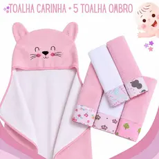 Kit Banho Bebê 6 Peças 1 Toalha Carinha Bordada E 5 Toalhinhas Ombro Overlocadas