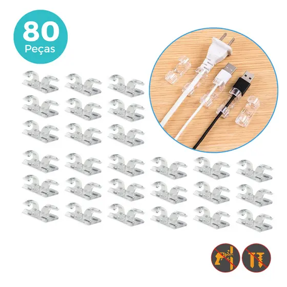 Kit 20/40/60/80 Clips Fixadores de Fios e Cabos Organizador Autoadesivo Parede Transparente Plástico