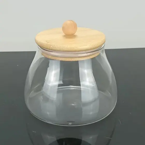 Pote de Vidro Hermético 450ml tampa de bambu com vedação em silicone