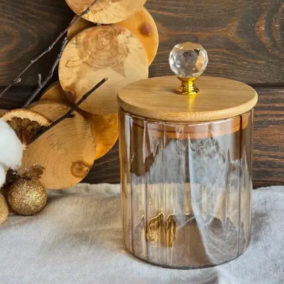 Pote de Vidro Âmbar Luxo Com Tampa Bambu Vedação Hermética 500ml