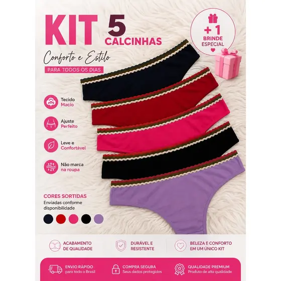 Kit 10 Calcinhas Fio Dental Fio Duplo em Lycra na Poliamida com Elástico Trançado - Babalu