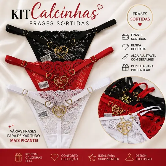 Kit com 5 Calcinhas Biju Coração Frases Sensuais - Carol