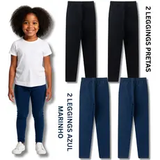 Kit Legging Escolar Lisa Preta e Azul Marinho Feminina/Menina Infantil Juvenil Calça Meia Estação