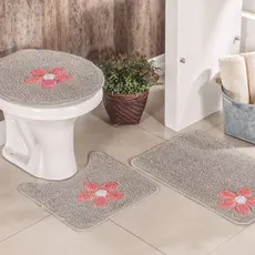 Kit Jogo de Tapete de Banheiro Algodão Cotton Com Aplique 3 Peças Pelo Baixo