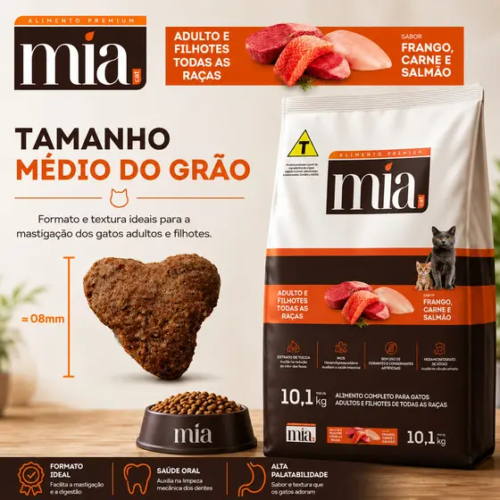 Ração Gato Filhote Adulto 10kg Mia Cat Premium 27% Proteína Sabor Salmão Frango Carne